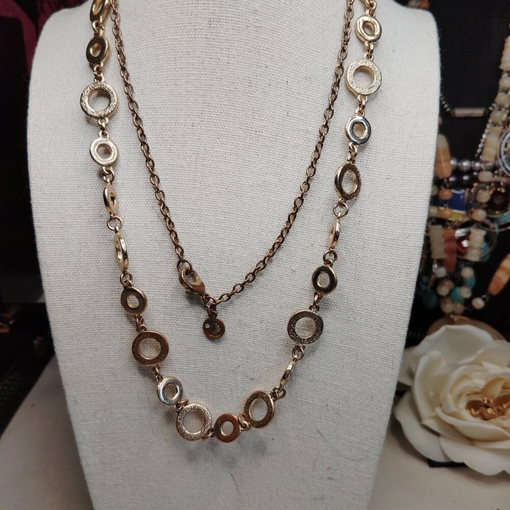 Gloria Vanderbilt Long Gold Tone Textured and Smooth Circle Station Necklace 36"